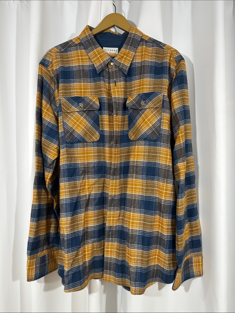 Tecovas Flannel Shirt Men's XXL Blue Gold Plaid Western Button Up